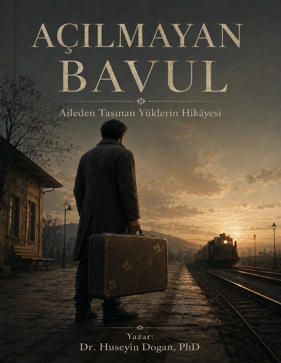 Cover of Açılmayan Bavul: a traveller holding a suitcase on a station platform, a train approaching in the distance