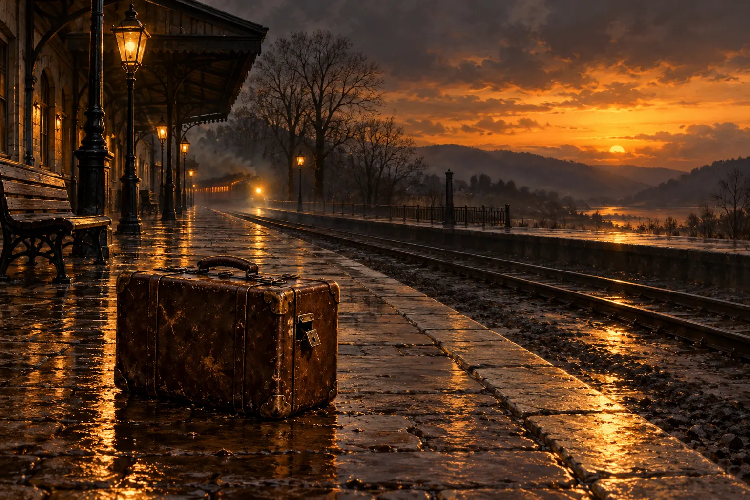 An old suitcase with a broken lock standing alone on an empty, rain-wet station platform