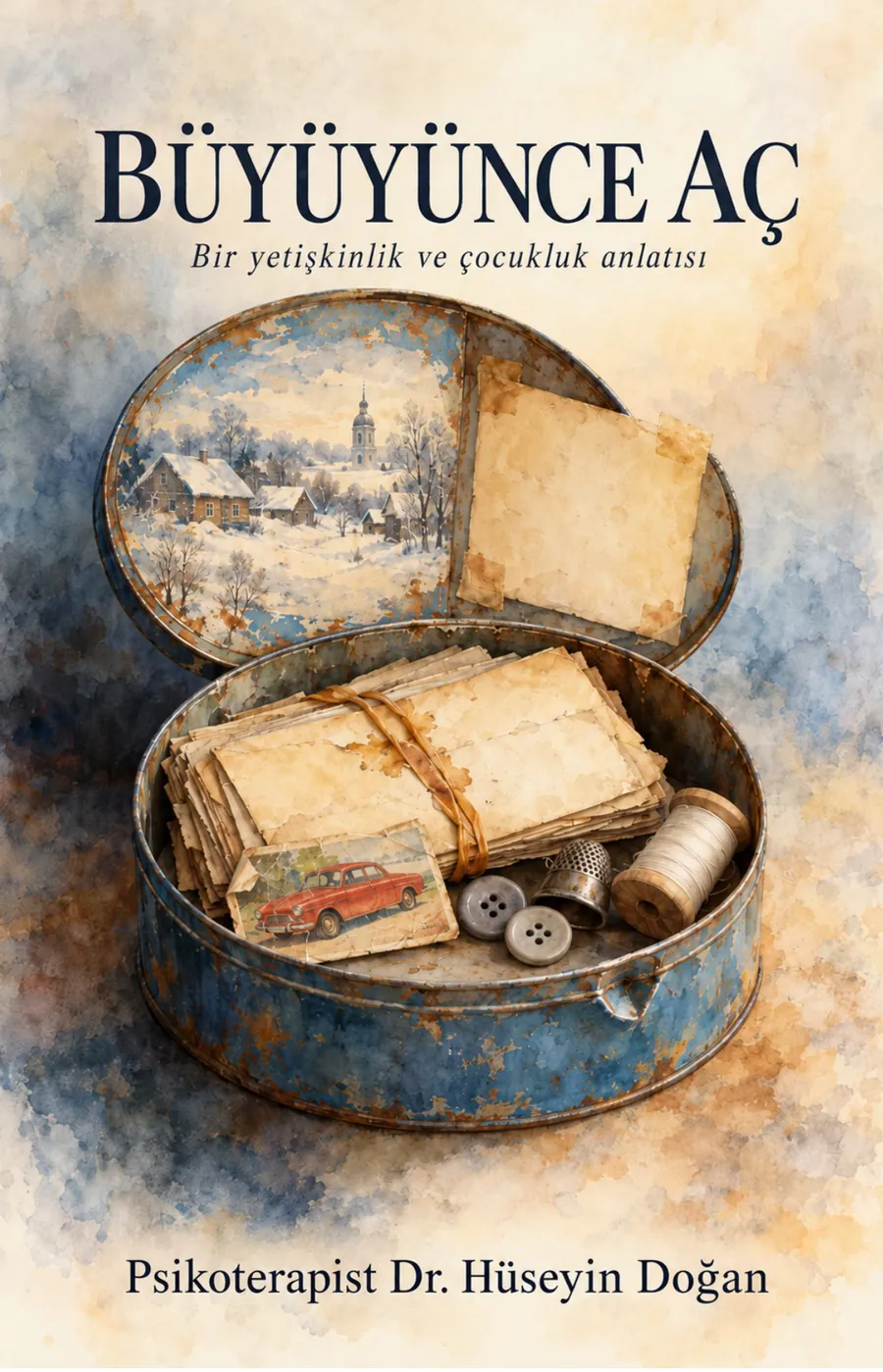 Cover of Büyüyünce Aç: an open blue tin box holding a bundle of letters, buttons, a thimble and a picture of a car