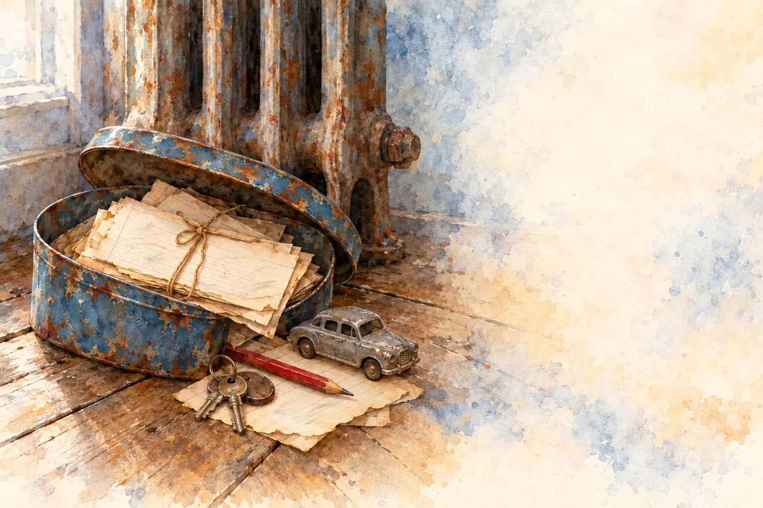A half-open blue tin box with children's letters on lined paper, beside an old school radiator