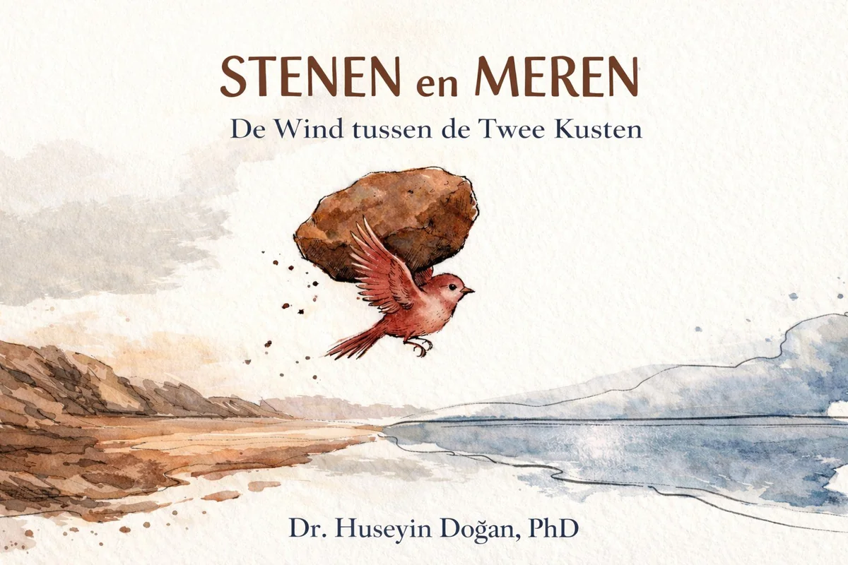 Omslag van Stenen en Meren: een rood vogeltje vliegt met een grote steen tussen twee kusten