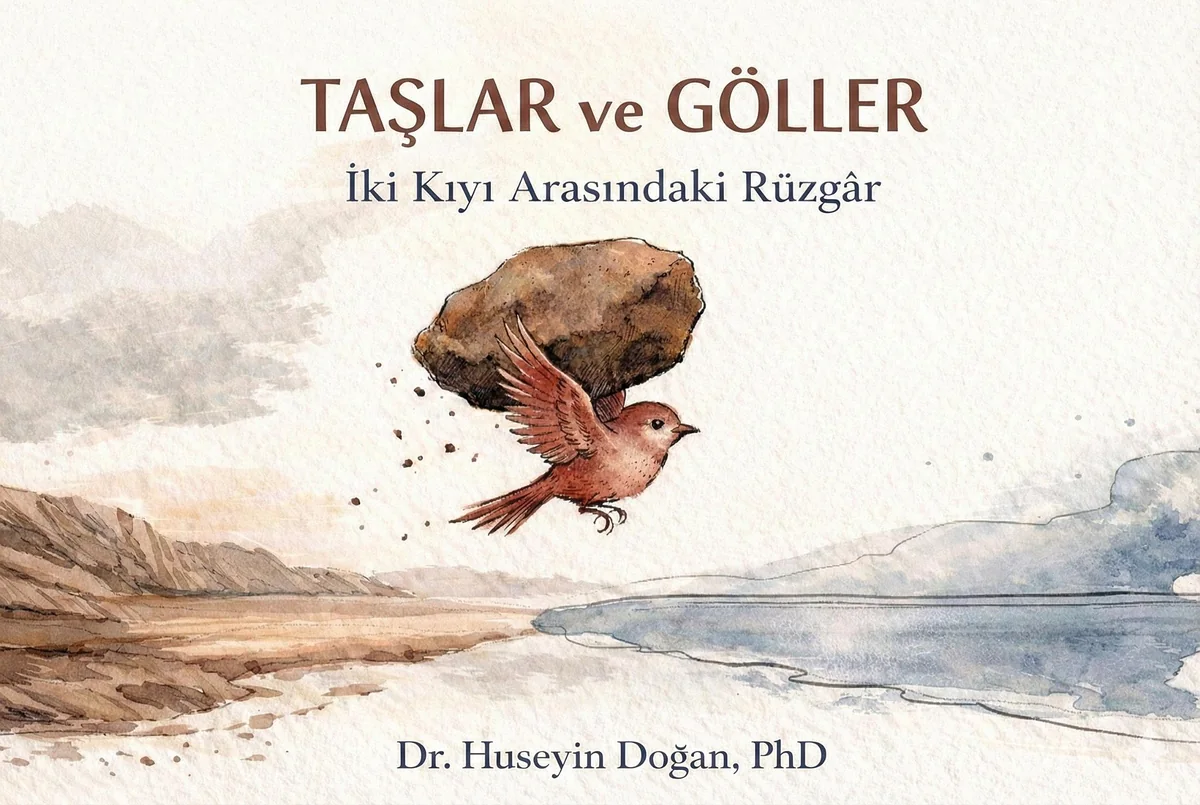 Cover of Taşlar ve Göller: a red bird flying between two shores, carrying a large stone
