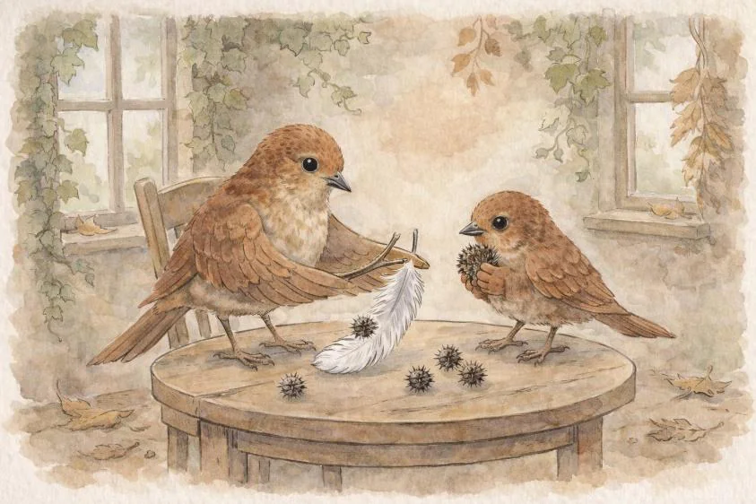 In de Stille Vleugelkamer zitten de Gids en Leyra aan tafel met een veer en stekelige zaadjes