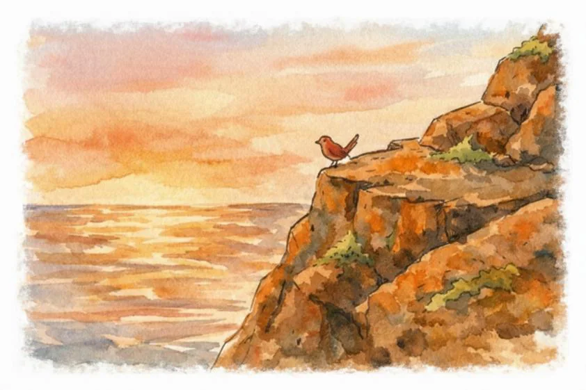 Het kleine rode vogeltje Leyra op de rand van de IJzeren Rotsen bij zonsopgang
